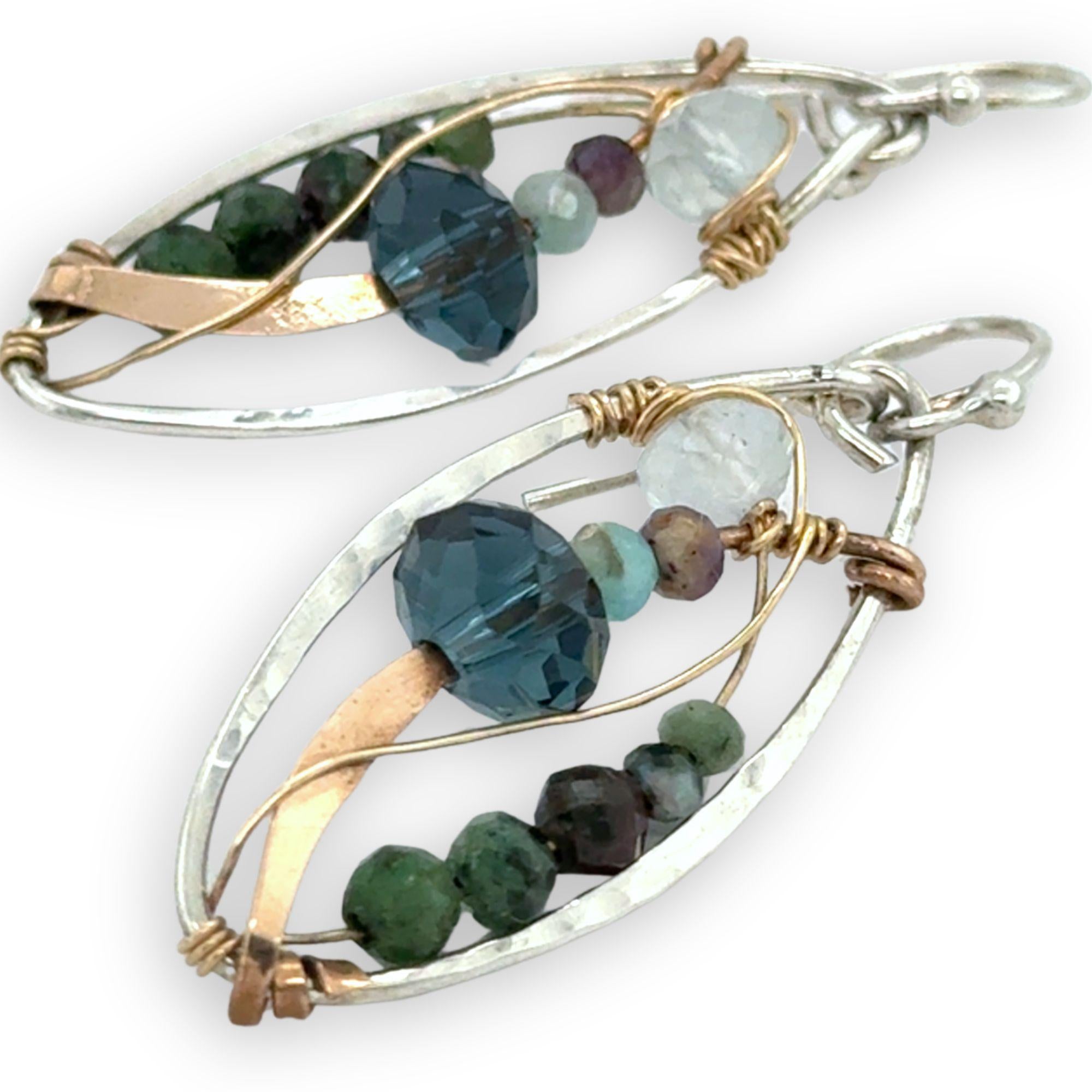 ruby zoisite, aquamarine, amethyst, and crystal gemstones are wrapped in bronze and gold filled wire in mini sterling silver hammered oval earrings