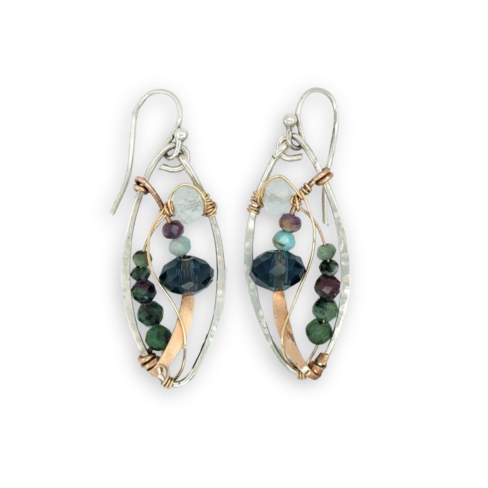 ruby zoisite, aquamarine, amethyst, and crystal gemstones are wrapped in bronze and gold filled wire in mini sterling silver hammered oval earrings