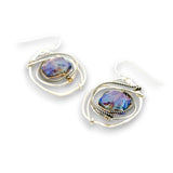 Sterling silver wrap hammered earrings with blue hexagon crystal in gold filled wire and darkened sterling silver twist wire accent