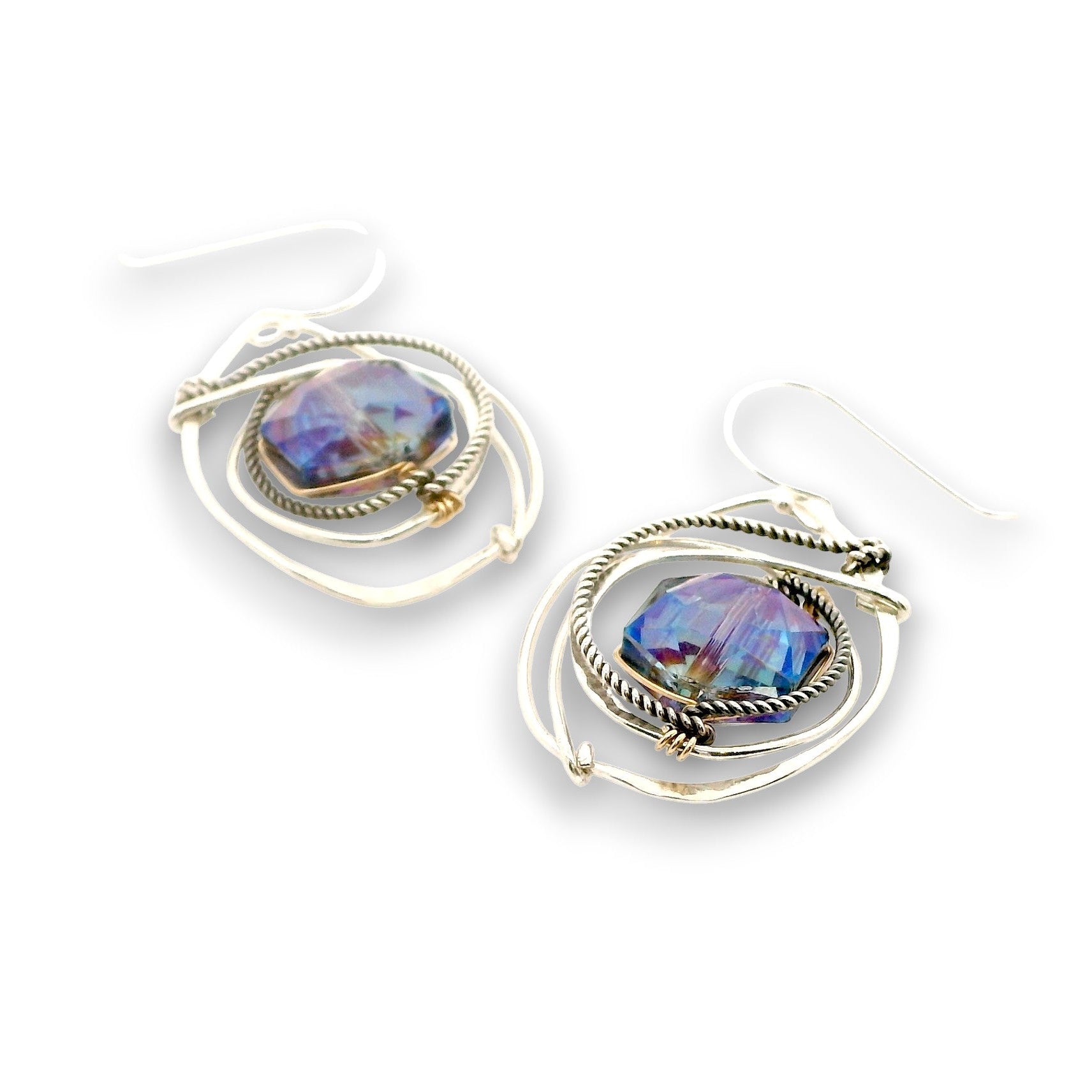 Sterling silver wrap hammered earrings with blue hexagon crystal in gold filled wire and darkened sterling silver twist wire accent