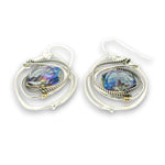 Sterling silver wrap hammered earrings with blue hexagon crystal in gold filled wire and darkened sterling silver twist wire accent