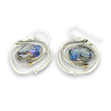 Sterling silver wrap hammered earrings with blue hexagon crystal in gold filled wire and darkened sterling silver twist wire accent