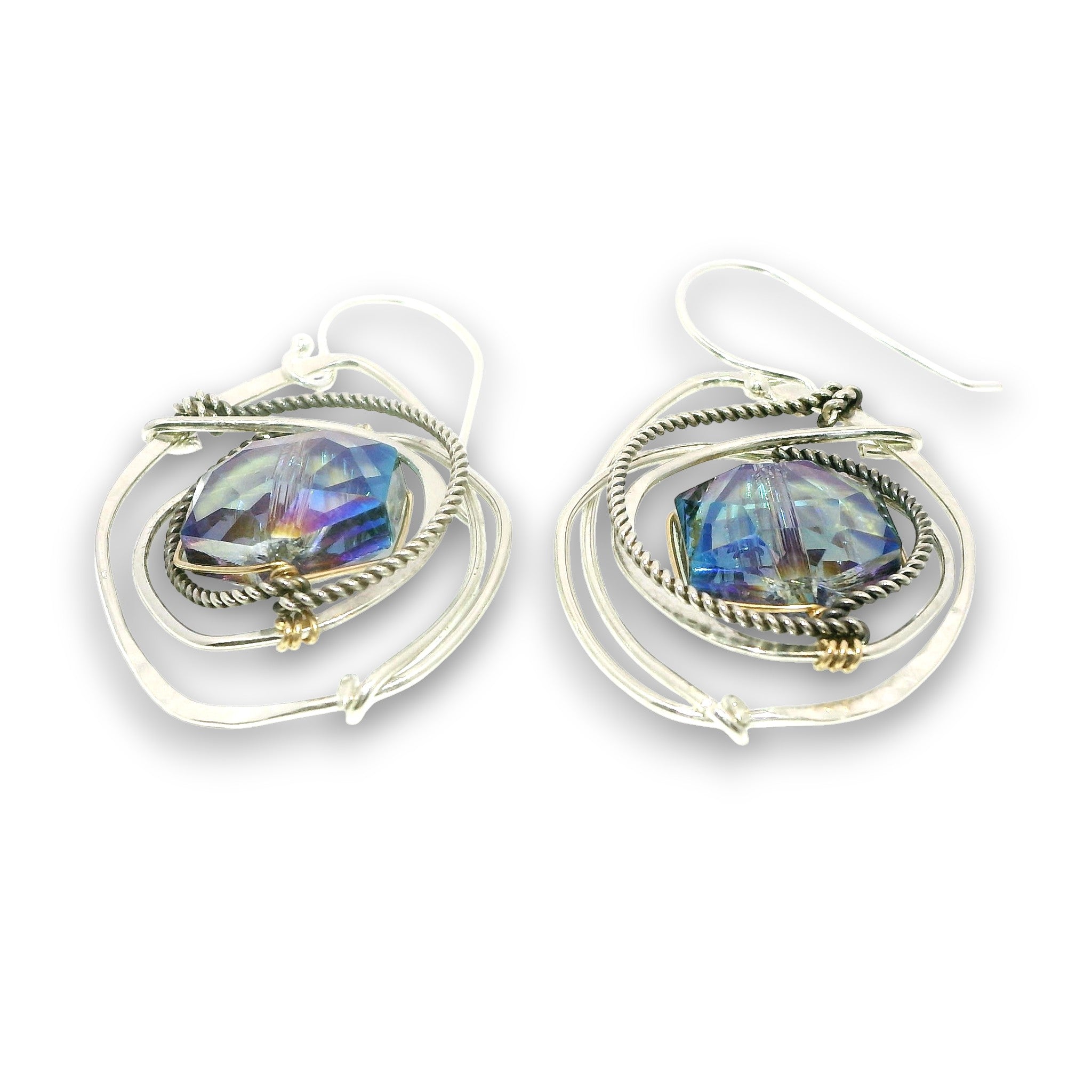 Sterling silver wrap hammered earrings with blue hexagon crystal in gold filled wire and darkened sterling silver twist wire accent