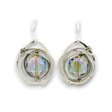 Sterling silver wrap hammered earrings with blue hexagon crystal in gold filled wire and darkened sterling silver twist wire accent