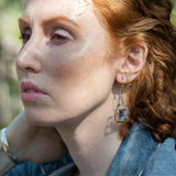 Faceted blue crystal tiles are wrapped tightly in brass twist wire inside a stamped sterling silver box earring, hanging from a gold filled link