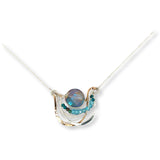waves of hammered bronze and sterling silver necklace hold a purple-blue crystal coin with chrysocolla and apatite gemstone accents