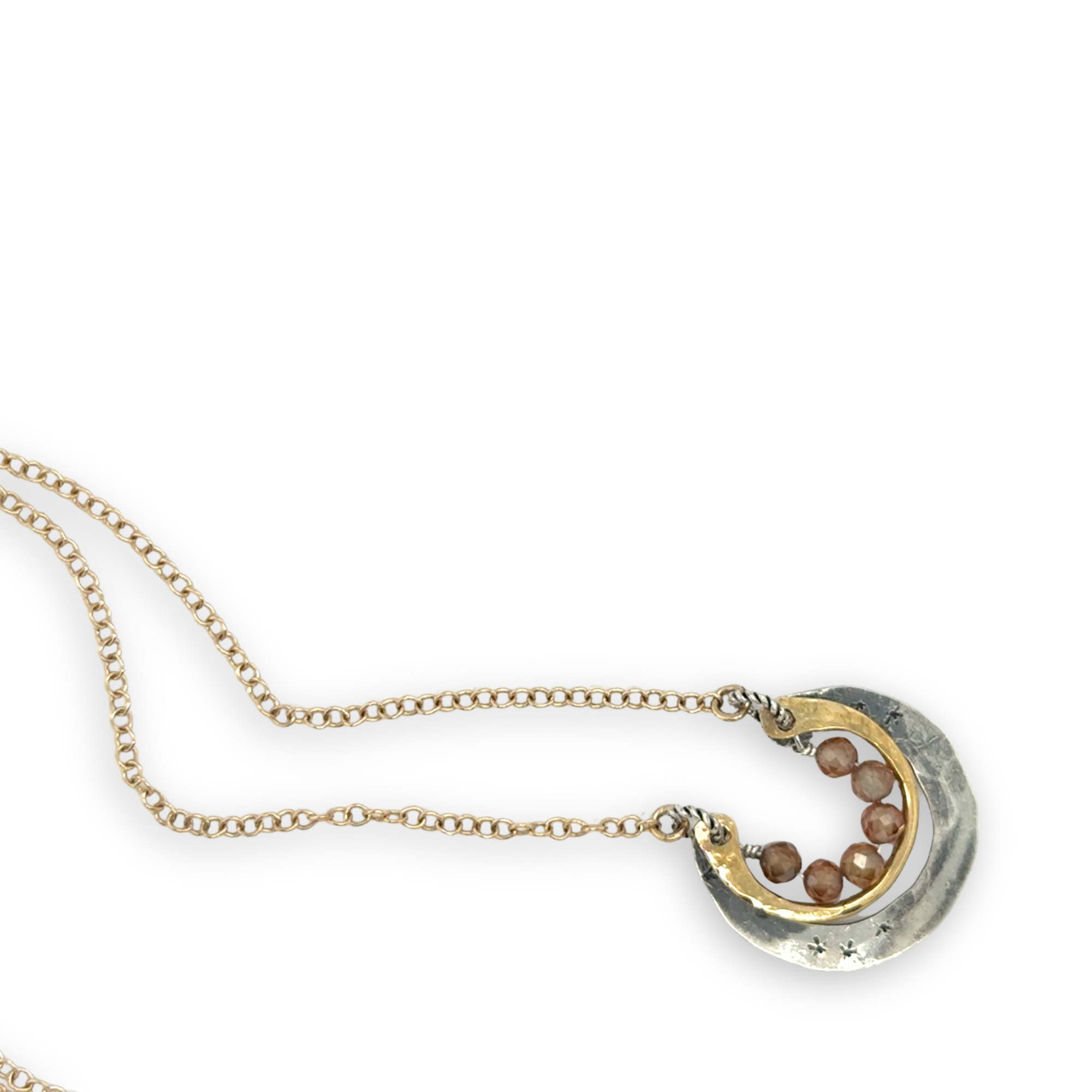 Darkened sterling silver and brass open ring mini pendant with peach cubic zirconia gemstones on gold filled chain necklace