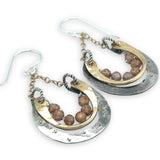 darkened stamped and hammered sterling silver and brass cup mini earrings with peach cubic zirconia accent