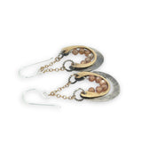 darkened stamped and hammered sterling silver and brass cup mini earrings with peach cubic zirconia accent