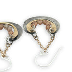 darkened stamped and hammered sterling silver and brass cup mini earrings with peach cubic zirconia accent