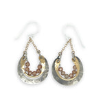 darkened stamped and hammered sterling silver and brass cup mini earrings with peach cubic zirconia accent