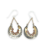 darkened stamped and hammered sterling silver and brass cup mini earrings with peach cubic zirconia accent