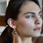 Hammered sterling silver curled earrings lined with ombre mookaite jasper and hessonite garnet gemstones with a rich red fresh water pearl dangle