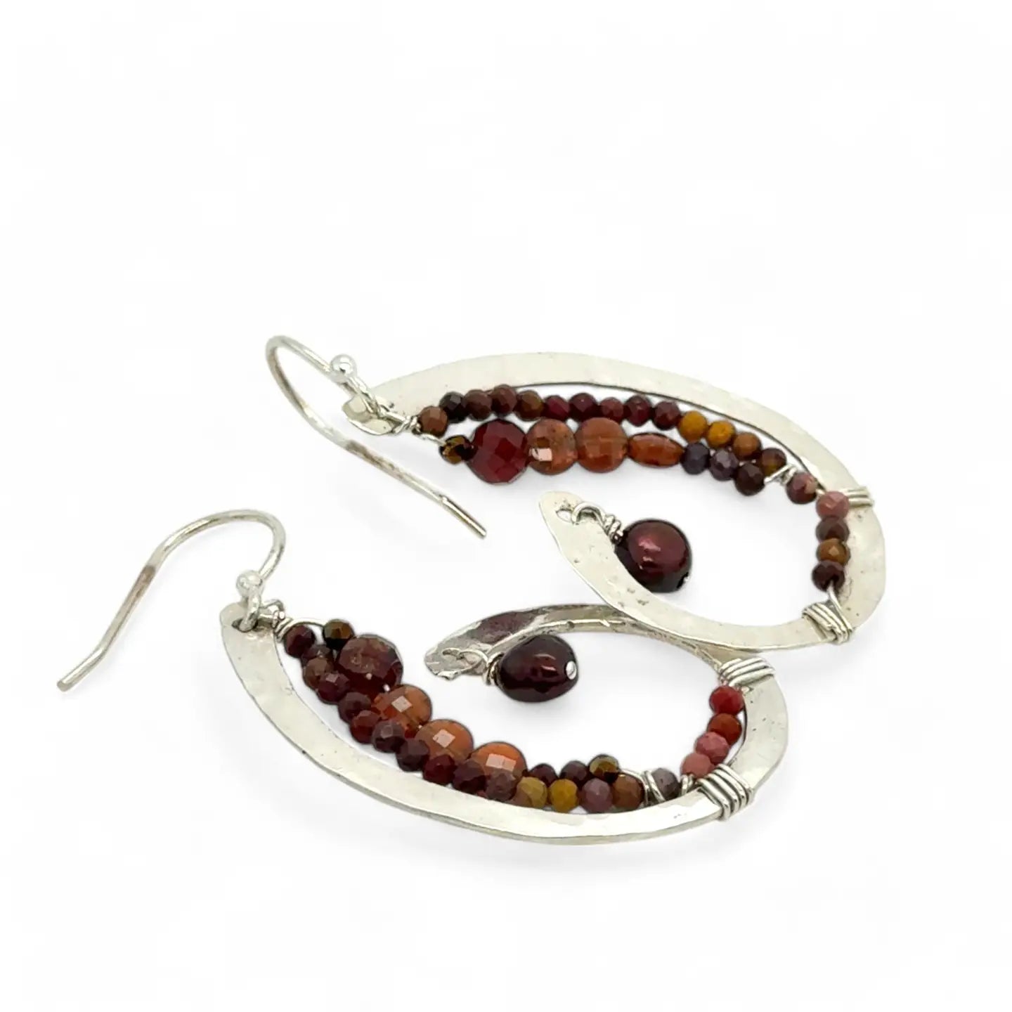 Hammered sterling silver curled earrings lined with ombre mookaite jasper and hessonite garnet gemstones with a rich red fresh water pearl dangle