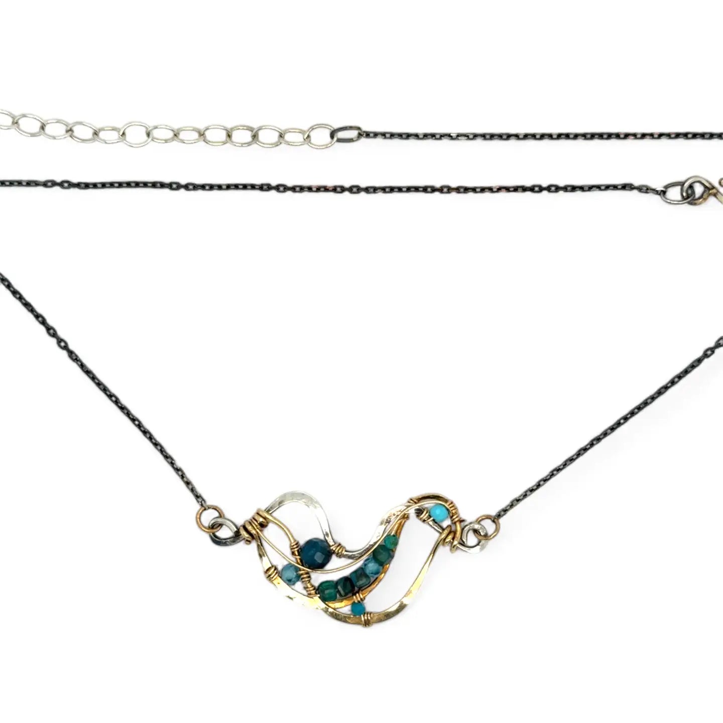 Hammered brass and darkened sterling silver waves pendant necklace filled with apatite and turquoise gemstones on gold filled wire 