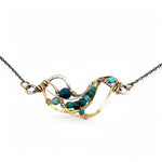 Hammered brass and darkened sterling silver waves pendant necklace filled with apatite and turquoise gemstones on gold filled wire 
