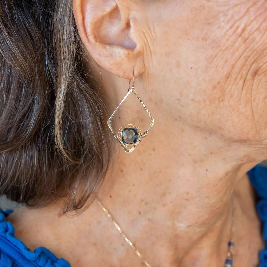 London blue quartz faceted tiles wrapped in gold filled wire nest on oxidized sterling silver hammered diamond earrings