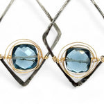 London blue quartz faceted tiles wrapped in gold filled wire nest on oxidized sterling silver hammered diamond earrings
