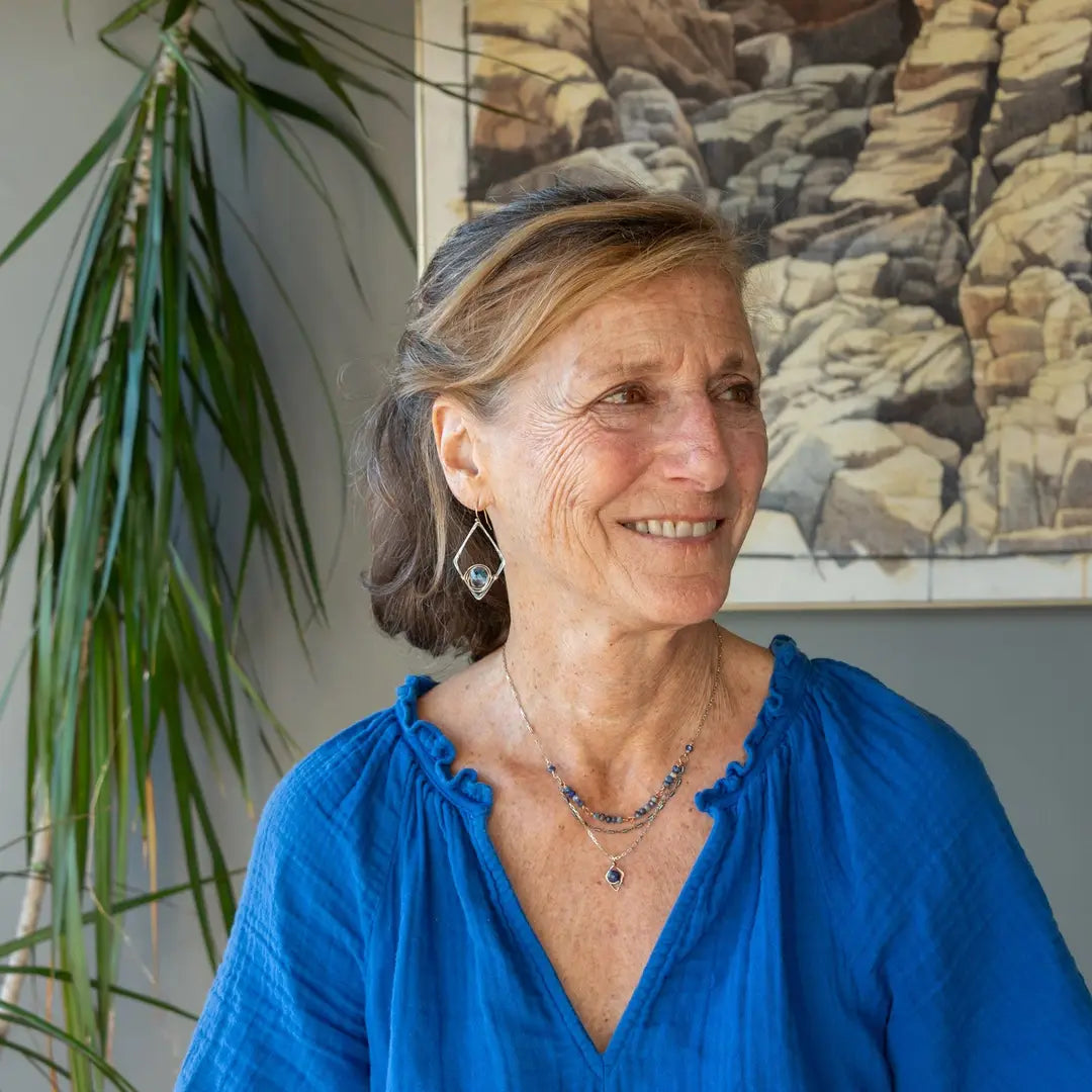 London blue quartz faceted tiles wrapped in gold filled wire nest on oxidized sterling silver hammered diamond earrings