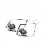 London blue quartz faceted tiles wrapped in gold filled wire nest on oxidized sterling silver hammered diamond earrings