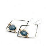 London blue quartz faceted tiles wrapped in gold filled wire nest on oxidized sterling silver hammered diamond earrings
