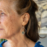 London blue quartz faceted tiles wrapped in gold filled wire nest on oxidized sterling silver hammered diamond earrings