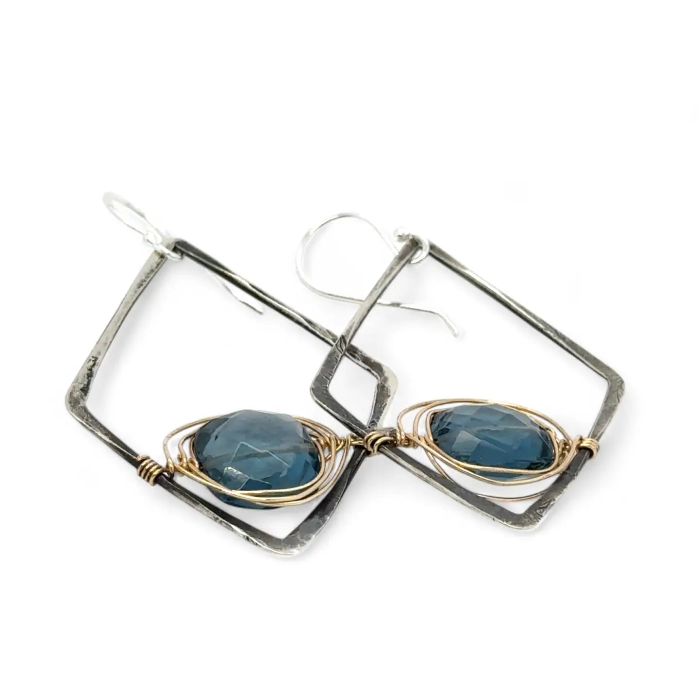London blue quartz faceted tiles wrapped in gold filled wire nest on oxidized sterling silver hammered diamond earrings