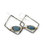 London blue quartz faceted tiles wrapped in gold filled wire nest on oxidized sterling silver hammered diamond earrings