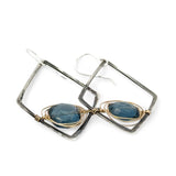 London blue quartz faceted tiles wrapped in gold filled wire nest on oxidized sterling silver hammered diamond earrings