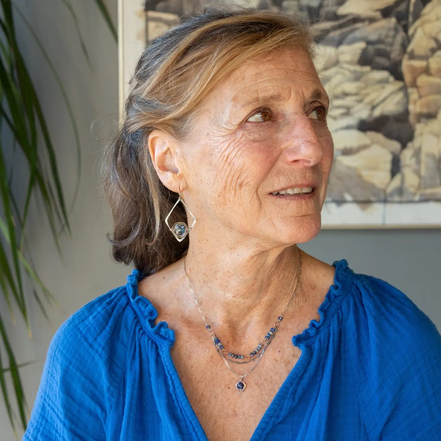 London blue quartz faceted tiles wrapped in gold filled wire nest on oxidized sterling silver hammered diamond earrings