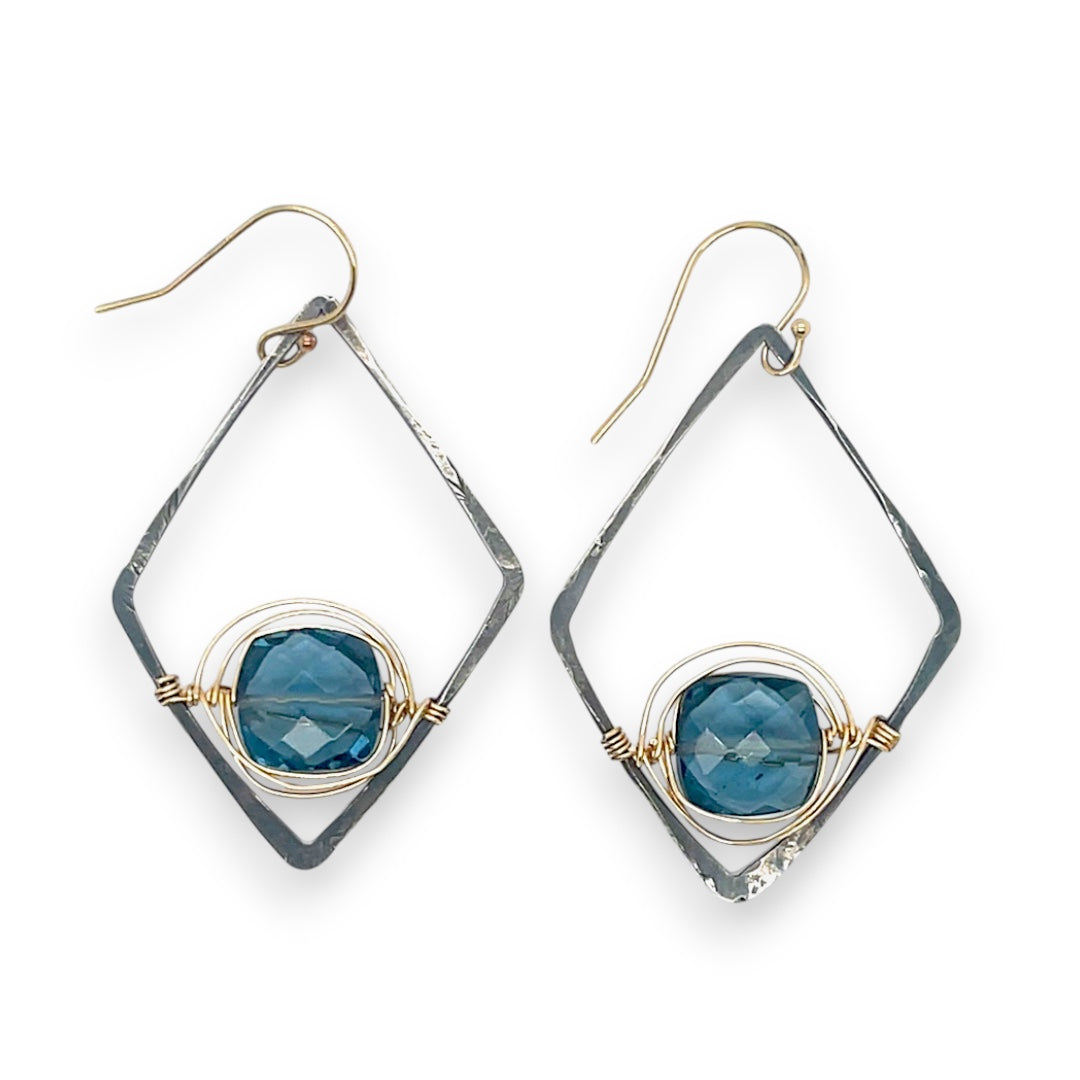 London blue quartz faceted tiles wrapped in gold filled wire nest on oxidized sterling silver hammered diamond earrings