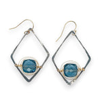 London blue quartz faceted tiles wrapped in gold filled wire nest on oxidized sterling silver hammered diamond earrings