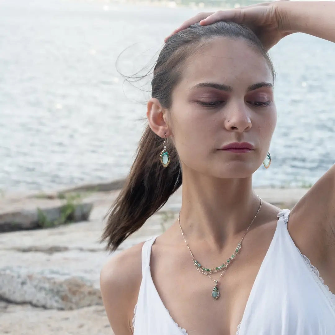A mini sterling silver pendant with jade and green opal gemstones on gold filled wire hanging from a triple layer chain, with green onyx gemstones, sterling silver heart chain and gold fill accented chain necklace