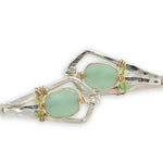 Sterling silver mini kite shaped earrings with jade and green opal gemstones wrapped in gold filled wire with a built in sterling silver earring hooks that wears like a post earring