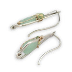 Sterling silver mini kite shaped earrings with jade and green opal gemstones wrapped in gold filled wire with a built in sterling silver earring hooks that wears like a post earring