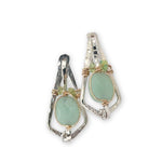 Sterling silver mini kite shaped earrings with jade and green opal gemstones wrapped in gold filled wire with a built in sterling silver earring hooks that wears like a post earring