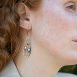 Variety of blue, purple, cream and rust fresh water pearls wrapped in hammered copper wire held onto a sterling silver drop earring