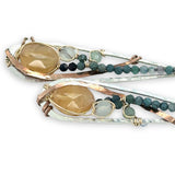 Skinny teardrop-shaped sterling silver earrings with faceted citrine,  prehnite, and blue tourmaline gemstones on gold-filled wire