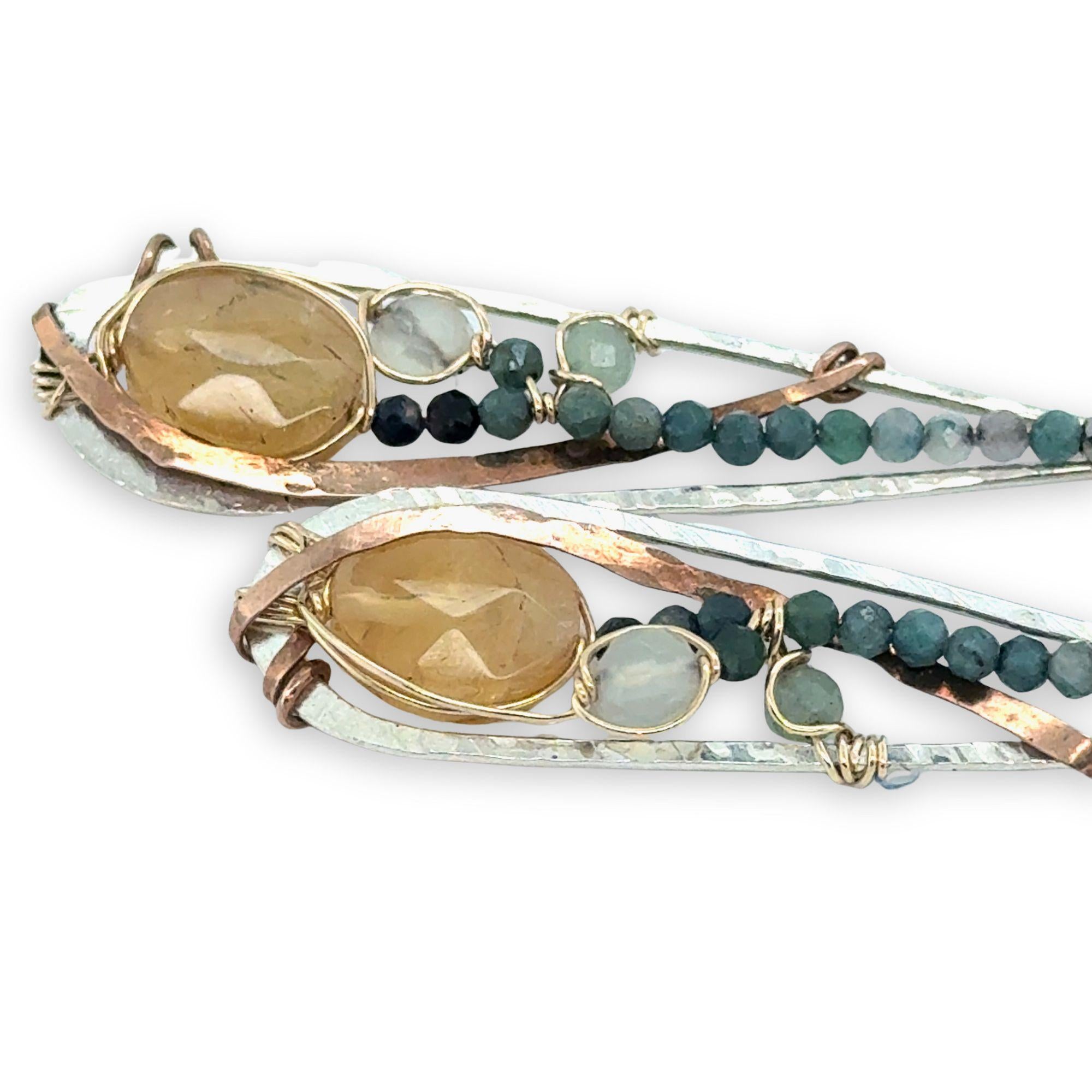 Skinny teardrop-shaped sterling silver earrings with faceted citrine,  prehnite, and blue tourmaline gemstones on gold-filled wire