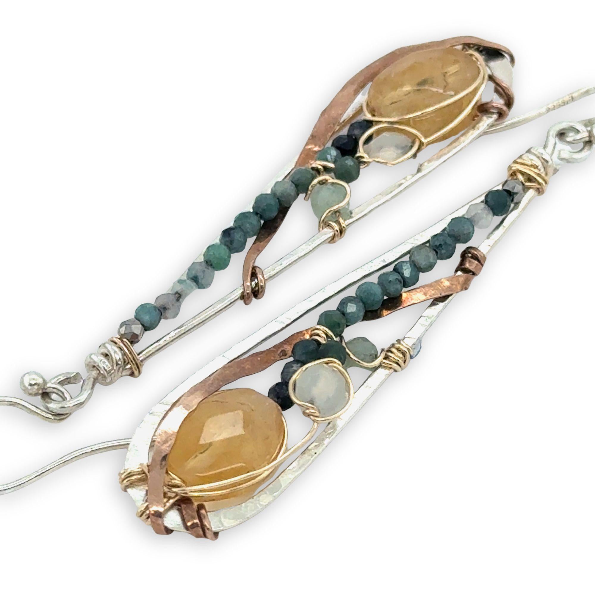 Skinny teardrop-shaped sterling silver earrings with faceted citrine,  prehnite, and blue tourmaline gemstones on gold-filled wire