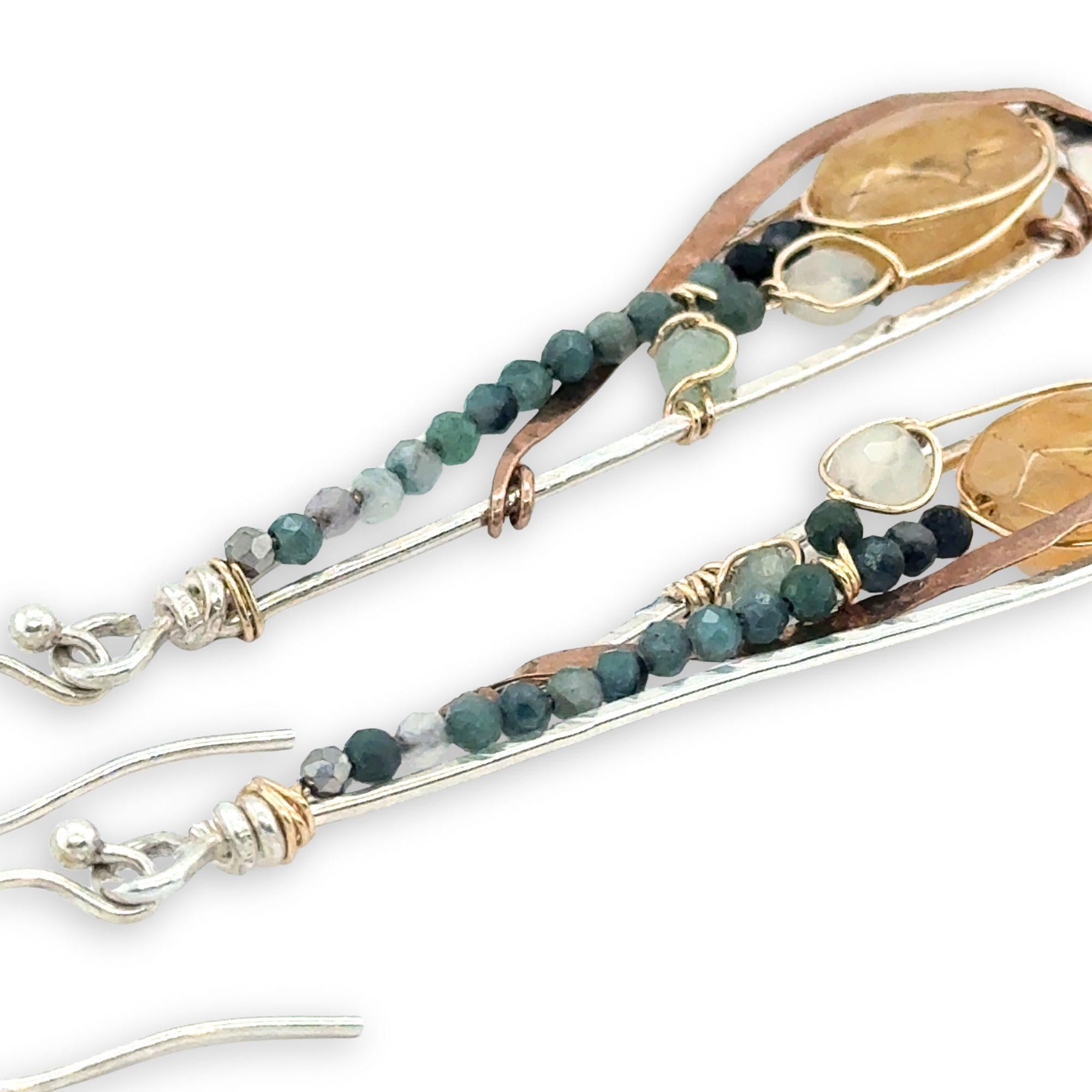 Skinny teardrop-shaped sterling silver earrings with faceted citrine,  prehnite, and blue tourmaline gemstones on gold-filled wire