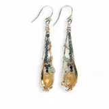 Skinny teardrop-shaped sterling silver earrings with faceted citrine,  prehnite, and blue tourmaline gemstones on gold-filled wire