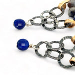 handmade bronze and darkened sterling silver crinkle chain mini chandelier earrings featuring lapis and pyrite gemstones