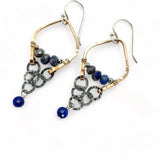 handmade bronze and darkened sterling silver crinkle chain mini chandelier earrings featuring lapis and pyrite gemstones