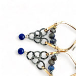 handmade bronze and darkened sterling silver crinkle chain mini chandelier earrings featuring lapis and pyrite gemstones