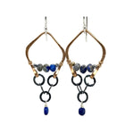 handmade bronze and darkened sterling silver crinkle chain mini chandelier earrings featuring lapis and pyrite gemstones