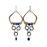 handmade bronze and darkened sterling silver crinkle chain mini chandelier earrings featuring lapis and pyrite gemstones
