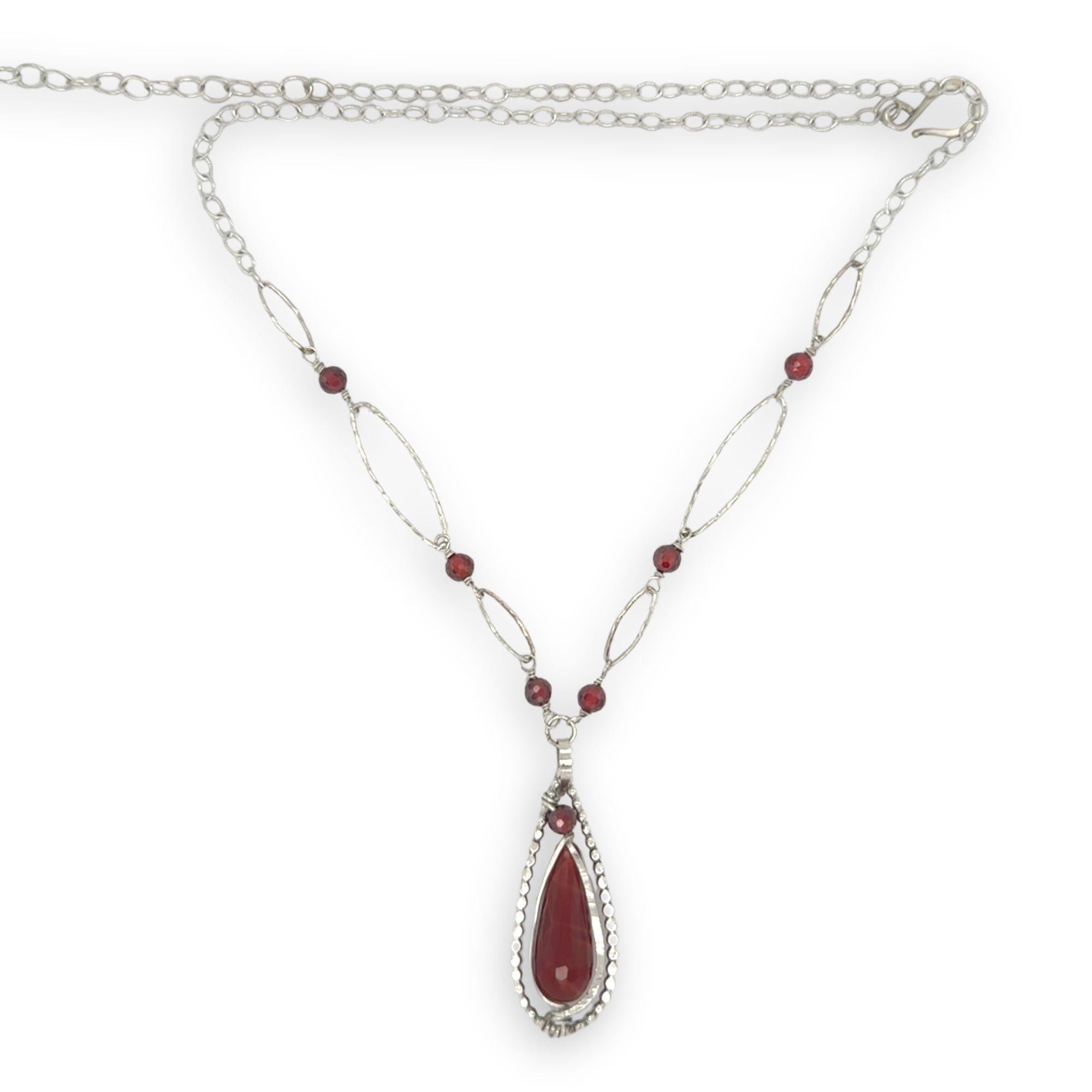 red fire agate drop gemstone held in sterling silver dot wire teardrop pendant necklace with cubic zirconia and sparkly sterling link accents