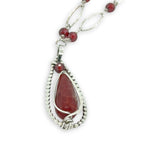 red fire agate drop gemstone held in sterling silver dot wire teardrop pendant necklace with cubic zirconia and sparkly sterling link accents