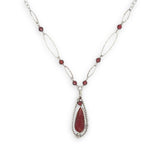 red fire agate drop gemstone held in sterling silver dot wire teardrop pendant necklace with cubic zirconia and sparkly sterling link accents